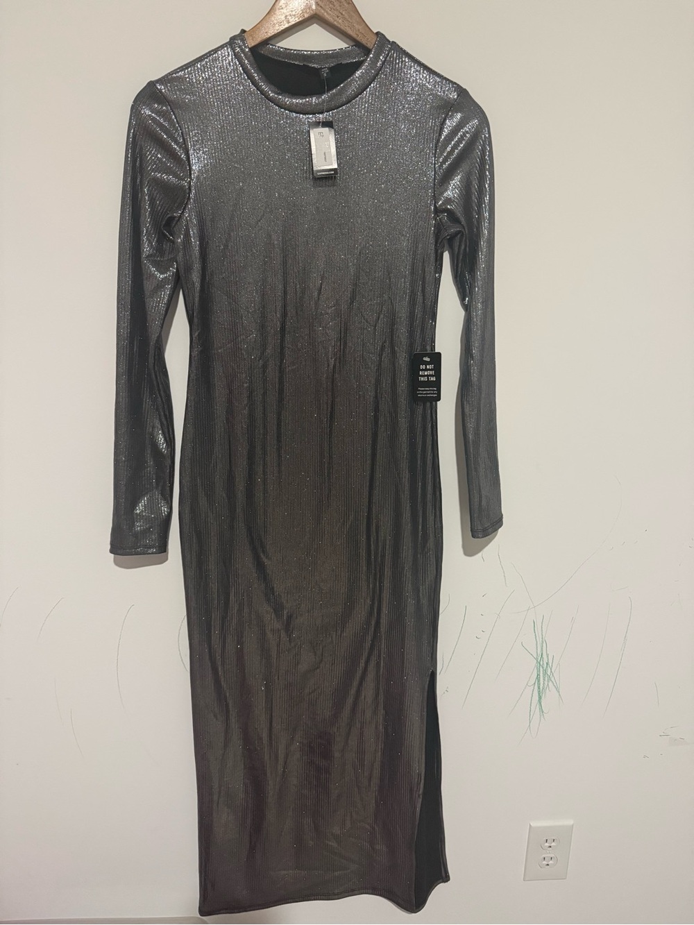 Express Metallic Long Sleeve Midi Dress - Black
